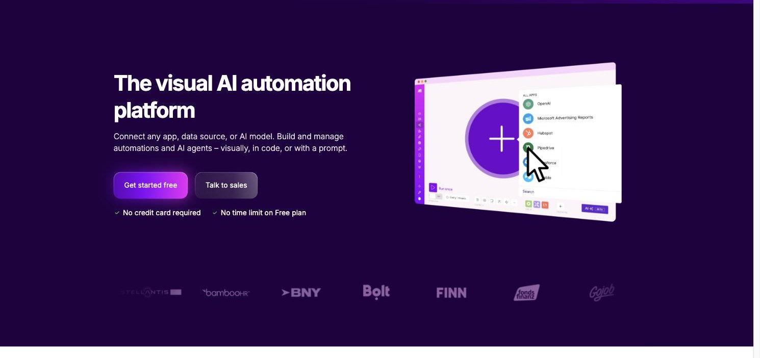 Click to enlarge Make.com in August 2026 — “The visual AI automation platform”, free plan with no credit card and no time limit
